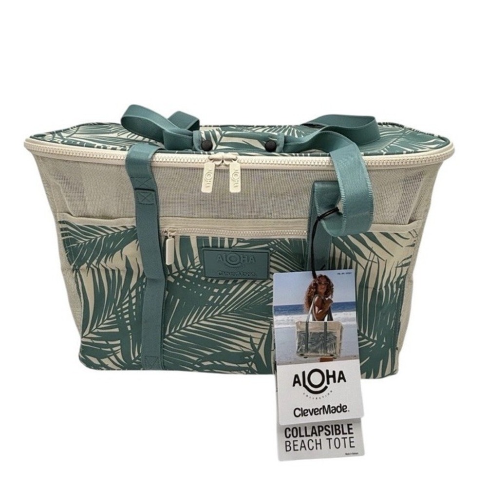 Aloha Collection CleverMade Collapsible Beach Tote Bag Floral Teal Green Hawaii